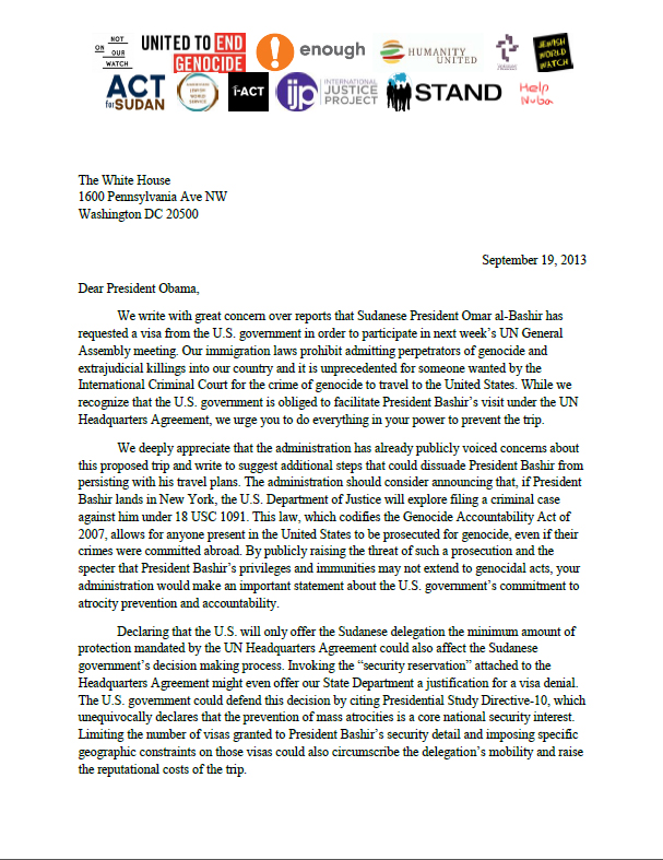 Public Coalition Letter on Possible Bashir Trip