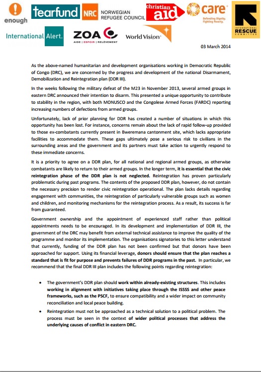 Joint NGO Letter Urging the Swift Implementation of Robust DDR Program